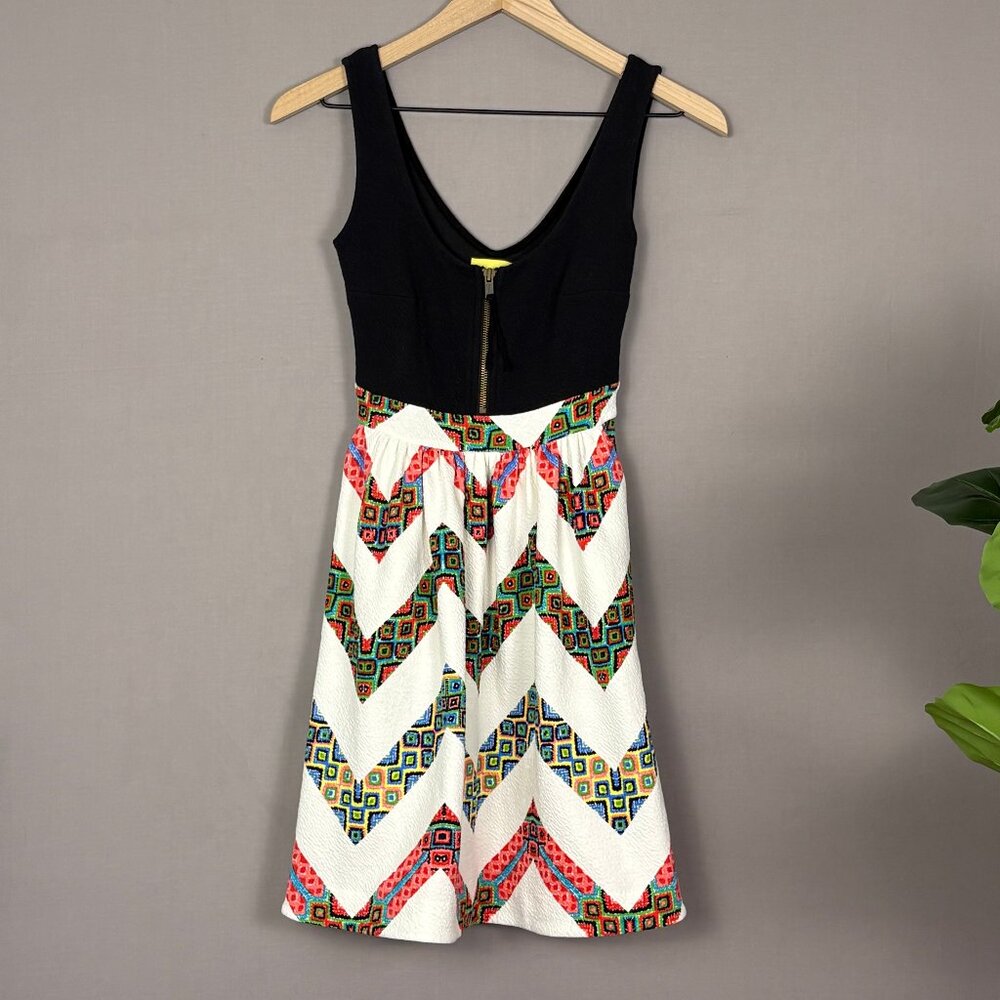 Anthro Maeve Geometric Chevron Fit & Flare Dress Black Multicolor Size 0P